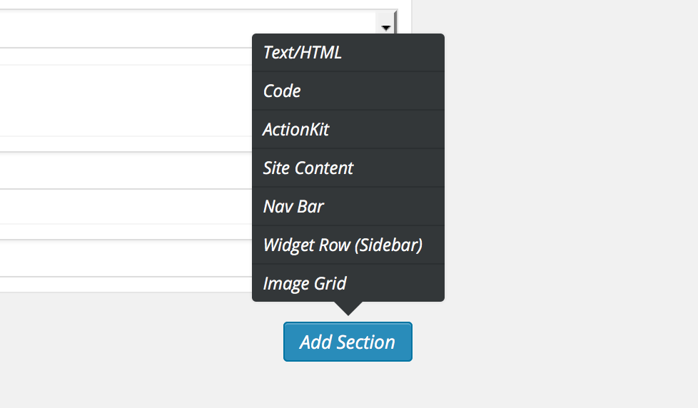 The "Add Section" menu on a superpage edit screen.
